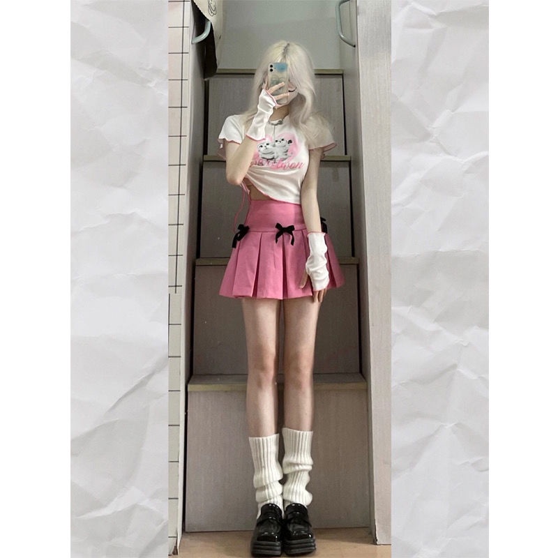 Set Áo Thun Dài Tay In Hình Cô Gái Và Chân Váy Hồng Xinh Xắn y2k slimmer