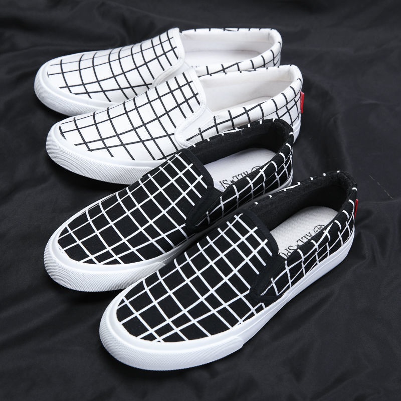Giày Lười Vải canvas Cổ Thấp Thoáng Khí Họa Tiết Kẻ Sọc Đen Trắng Thời Trang Mùa Thu 2020 Cho Nam