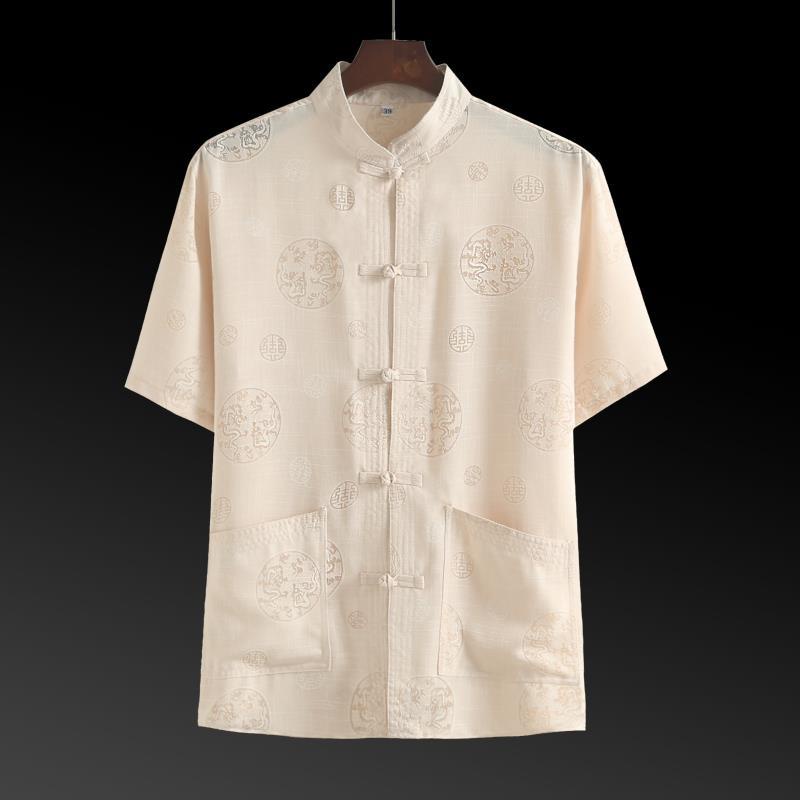 Áo Sơ Mi cotton Lanh Ngắn Tay Phong Cách Trung Hoa Cho Đàn Ông Trung Niên 60-80 Tuổi