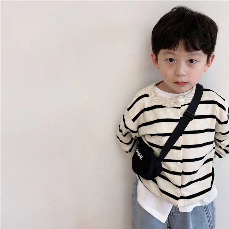 Áo Khoác cardigan Dệt Kim Kẻ Sọc Trắng Đen Phong Cách Hàn Quốc Cho Bé Trai