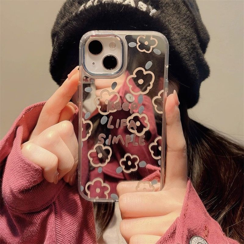 Ốp Điện Thoại Mặt Gương Họa Tiết Hoa Đơn Giản Cao Cấp Cho apple 15promax iphone14 1312 xr