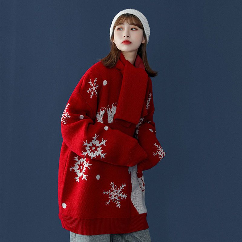 Áo Khoác sweater Dệt Kim Màu Đỏ Giáng Sinh 40% off] Phong Cách Hàn Quốc Mùa Thu Và Mùa Đông Mới Cho Nữ