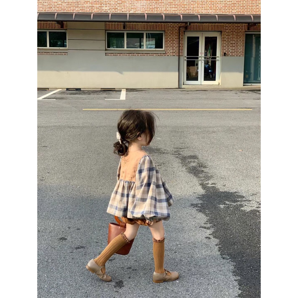 Bộ Áo Tay Dài In Họa Tiết Caro + Quần Hoa Dễ Thương Phong Cách Hàn Quốc Thời Trang Mùa Thu Cho Bé Gái