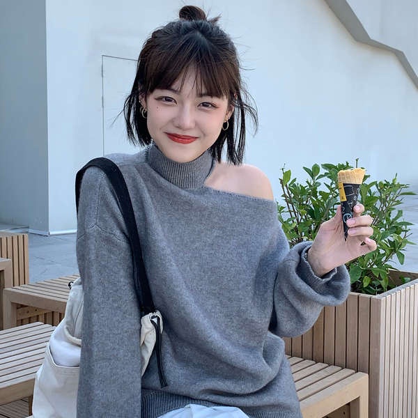 Áo len trễ vai áo len trễ vai tay dài Lazy Wind Off-vai màu xám dài tay áo áo len cho phụ nữ mùa thu lỏng lẻo hiển thị skinny off-vai áo len