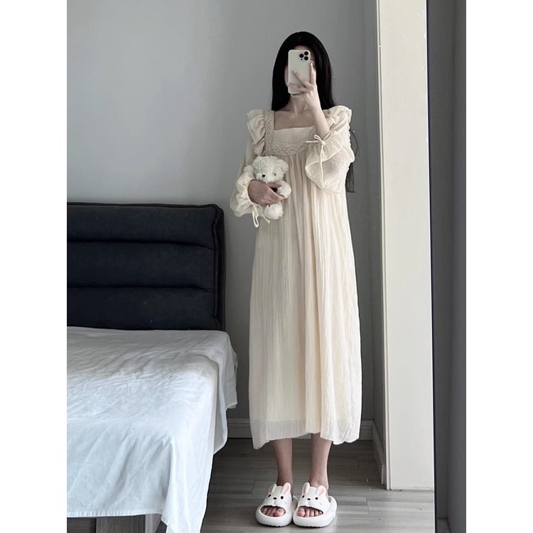 Đầm Ngủ Tay Dài Phối Ren Màu Sắc Ngọt Ngào Thời Trang Xuân Thu Cho Nữ