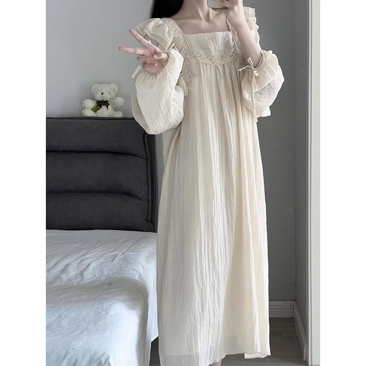 Đầm Ngủ Tay Dài Phối Ren Màu Sắc Ngọt Ngào Thời Trang Xuân Thu Cho Nữ