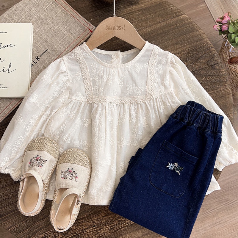 Mới Áo Sơ Mi Tay Dài Thêu Hoa Thời Trang Xuân Thu Cho Bé Gái