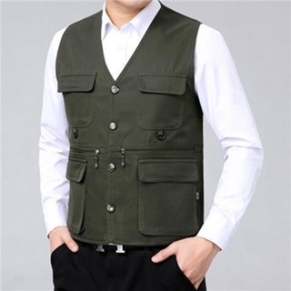 Áo Khoác Câu Cá Sát Nách Vải cotton Nhiều Túi Cỡ Lớn Thời Trang Xuân Thu Cho Nam Trung Niên