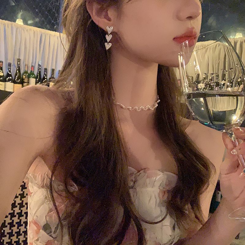 Bông Tai Bạc Dáng Dài Đính Đá zircon Hình Trái Tim Xinh Xắn 11.14