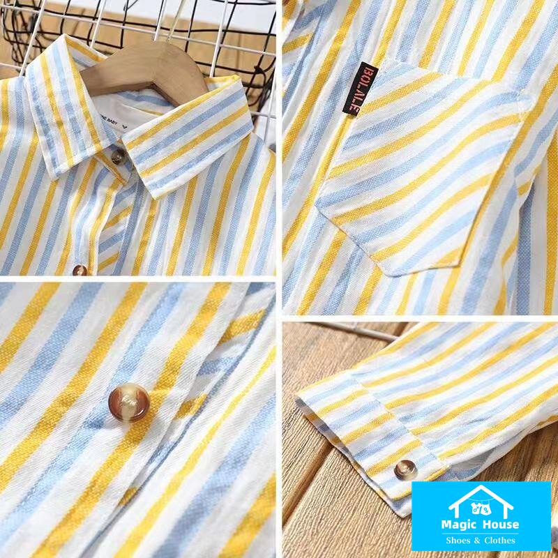 Hàng Mới Về Mới Áo Sơ Mi Dài Tay Họa Tiết Kẻ Sọc Phong Cách Mới Cho Bé Trai