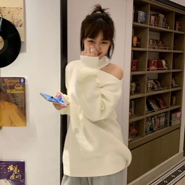 Áo len trễ vai áo len trễ vai tay dài Lazy Wind Off-vai màu xám dài tay áo áo len cho phụ nữ mùa thu lỏng lẻo hiển thị skinny off-vai áo len