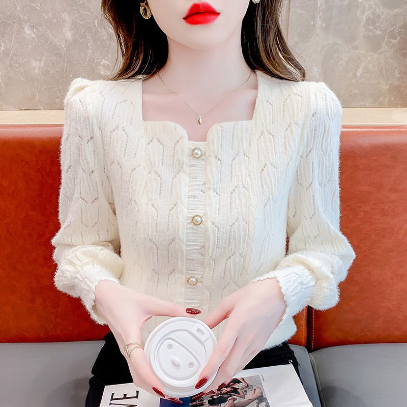 Áo Sơ Mi Cổ Vuông Phiên Bản Hàn Quốc Ren Dài Tay Áo Sơ Mi Nữ Thời Trang Bên Trong Dài Tay Top
