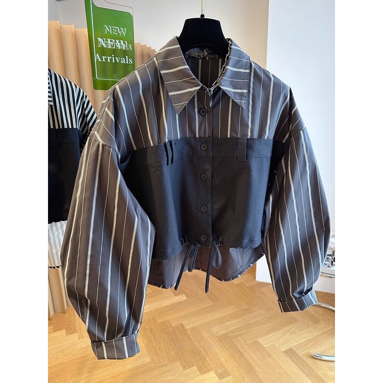 ~ Áo Sơ Mi Ngắn Dáng Rộng Tay Dài Kẻ Sọc Trước Sau Phong Cách Hàn Quốc Tinh Tế Thời Trang Thường Ngày Cho Nữ