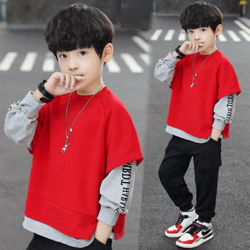 Áo Sweater Tay Dài Giả Hai Lớp Phong Cách Hàn Quốc Kiểu Mới Mùa Xuân Thu Kích Thước Vừa Và Lớn Cho Bé Trai