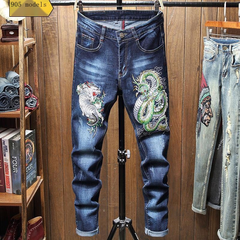Quần jeans Thêu Hình Rồng Trung Hoa Co Giãn Mẫu Mới 2021 Thời Trang Xuân Thu Cho Nam