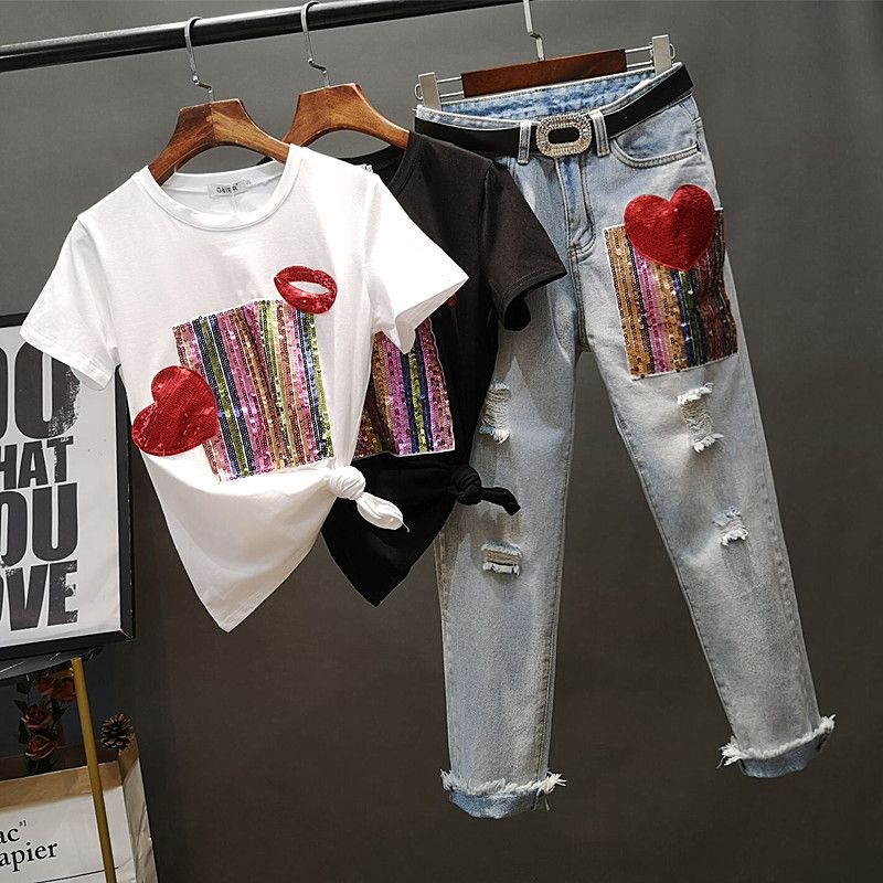 Set Áo Thun Ngắn Tay + Quần denim Lưng Cao Thời Trang Châu Âu 2023 Cho Nữ