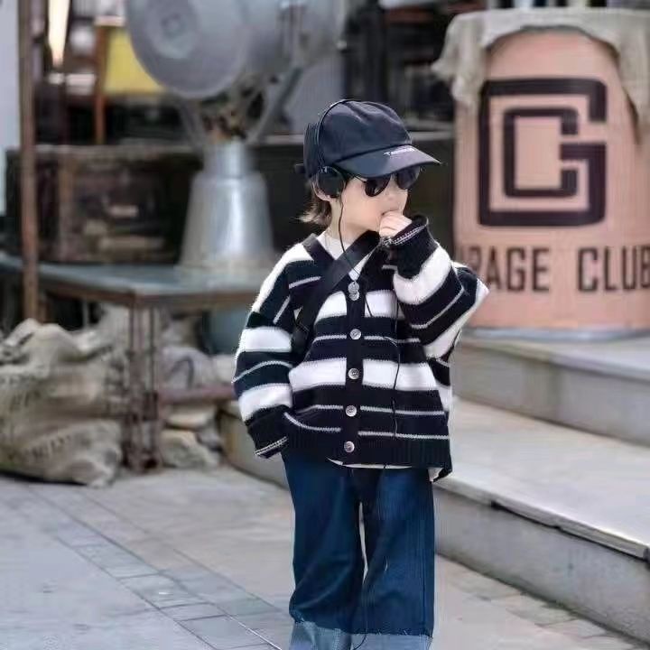 Áo Khoác Cardigan Dệt Kim Kẻ Sọc Rộng Thời Trang Xuân Thu Phong Cách Hàn Quốc Cho Bé Trai Và Gái