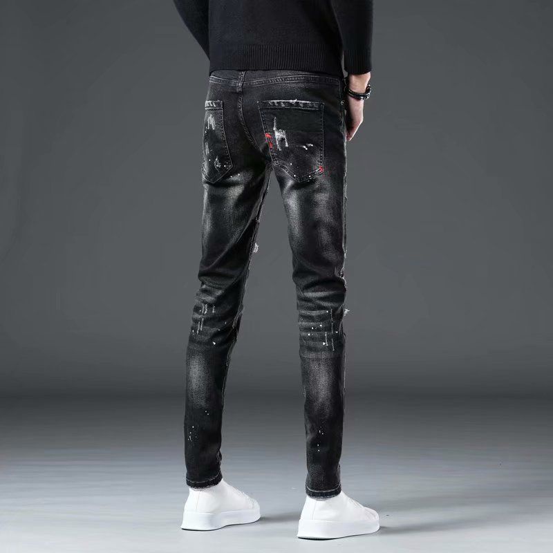 Size27-34 Quần bò rách nam thương hiệu thời trang Hồng Kông quần ống nhỏ tôn dáng phong cách Hàn Quốc thanh niên quần vá thời trang
