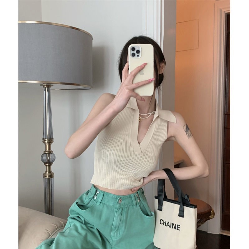 Áo Dệt Kim Hai Dây Cổ Chữ v Dáng Ngắn Co Giãn Thời Trang Mùa Hè Hàng Mới Dành Cho Bạn Nữ