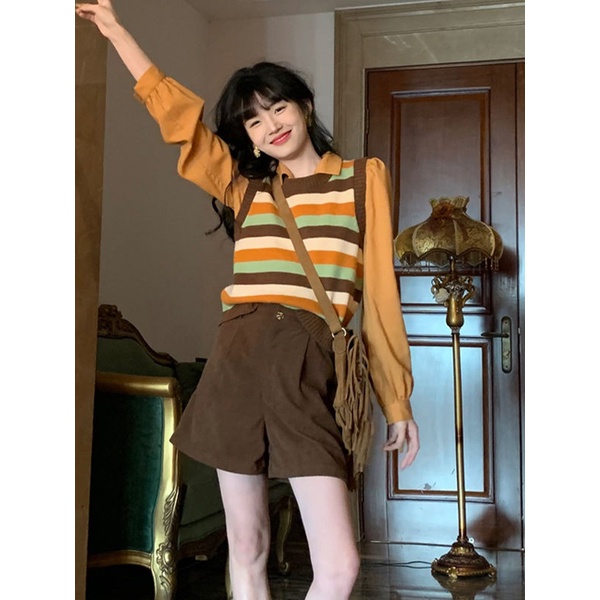 Set Áo vest Dệt Kim + Áo Sơ Mi Tay Phồng Họa Tiết Kẻ Sọc Thời Trang 2023 Dành Cho Nữ