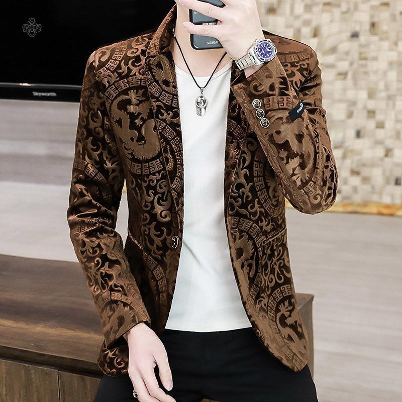 O kho C D ng trang Phục Vest Vải Nhung dáng ôm In Hình Rồng Vàng Phong Cách Hàn Quốc Đơn Giản Trẻ Trung Cho Nam