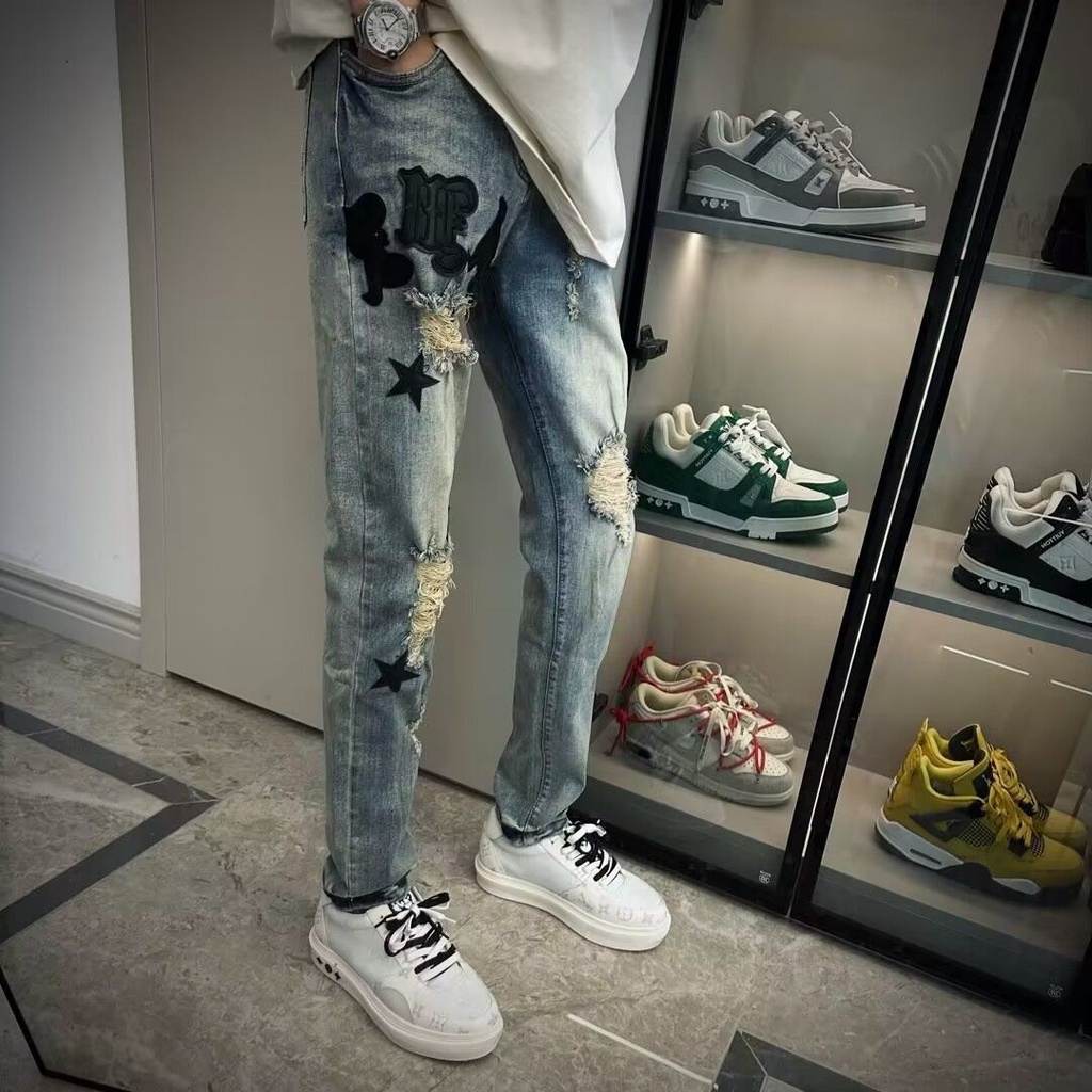 Quần Jean Rách Thêu Nhãn Vàng Dáng Ôm Co Giãn Thời Trang Cho Nam