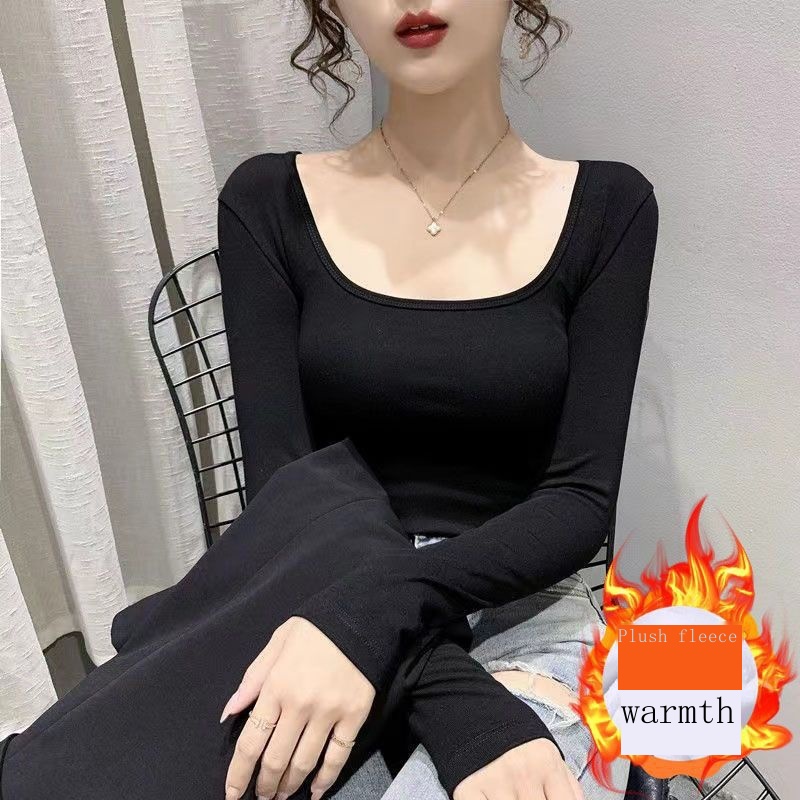 Áo Thun Cổ Chữ u Lót Nhung Dáng Ôm Quyến Rũ Thời Trang Thu Đông Mới