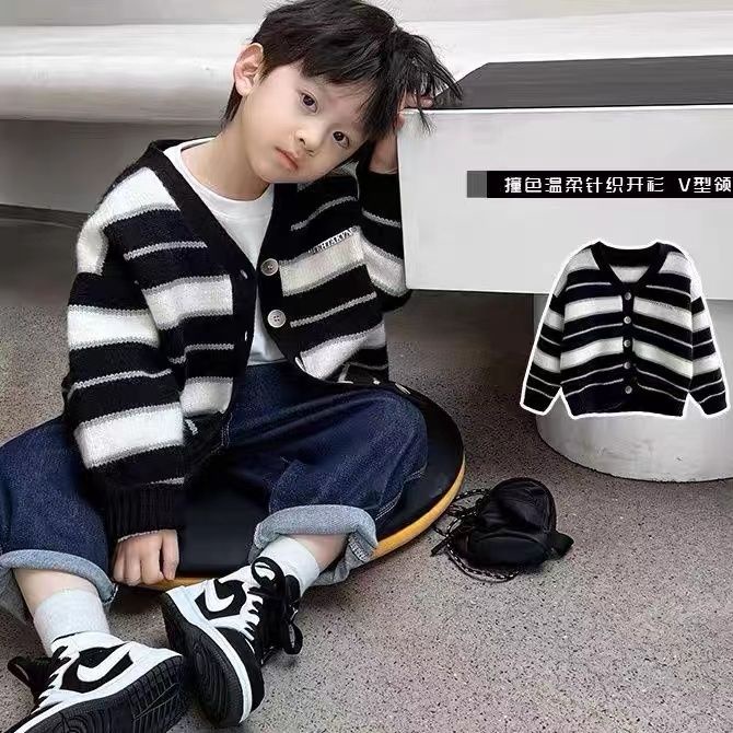 Áo Khoác Cardigan Dệt Kim Kẻ Sọc Rộng Thời Trang Xuân Thu Phong Cách Hàn Quốc Cho Bé Trai Và Gái