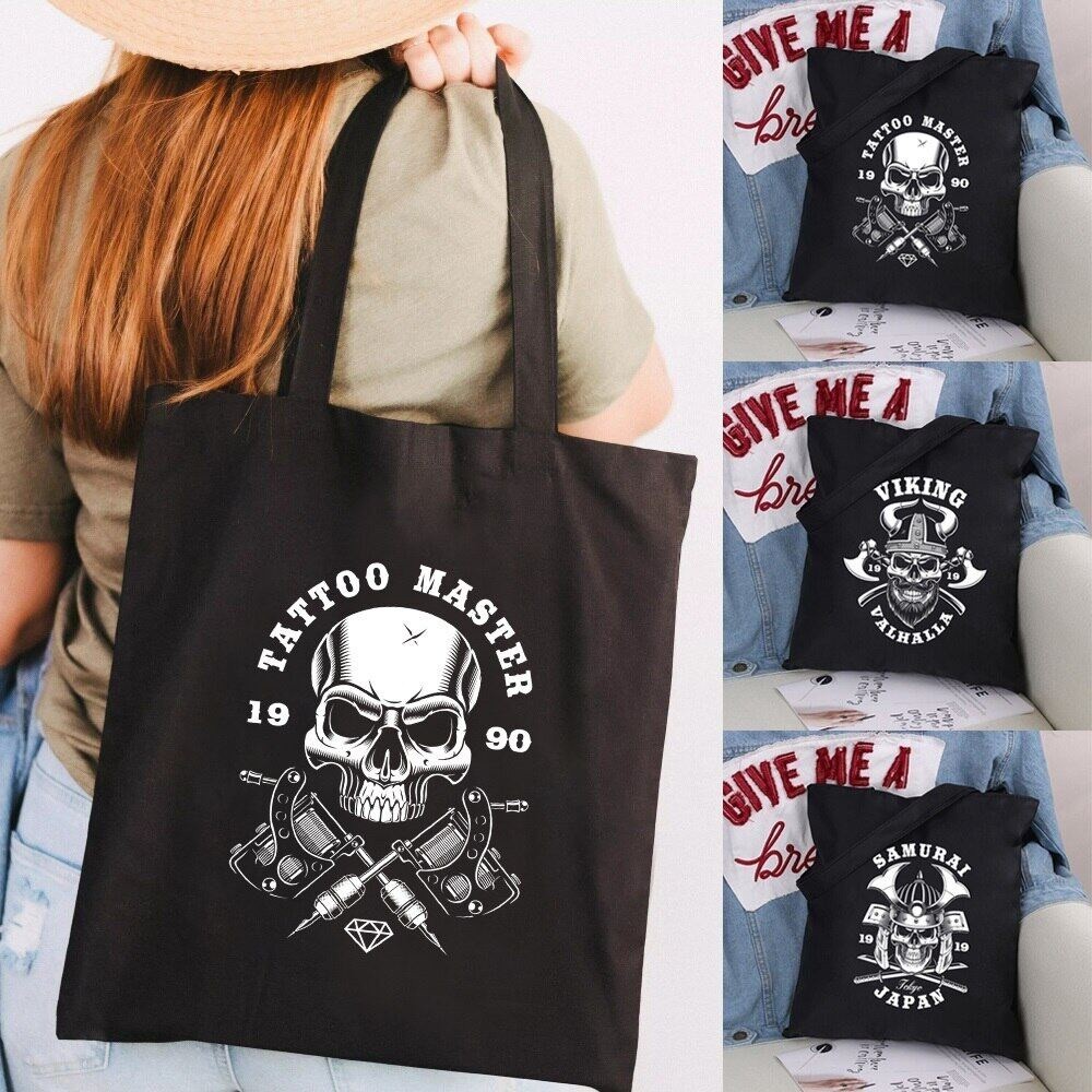 Women Shopping Bag Skull  Canvas Tote Designer Handbag Reusable  Bags Casual Large Capacity Travelin