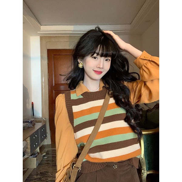 Set Áo vest Dệt Kim + Áo Sơ Mi Tay Phồng Họa Tiết Kẻ Sọc Thời Trang 2023 Dành Cho Nữ