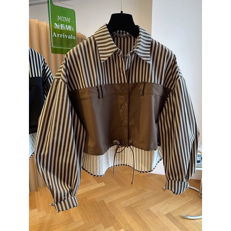 ~ Áo Sơ Mi Ngắn Dáng Rộng Tay Dài Kẻ Sọc Trước Sau Phong Cách Hàn Quốc Tinh Tế Thời Trang Thường Ngày Cho Nữ