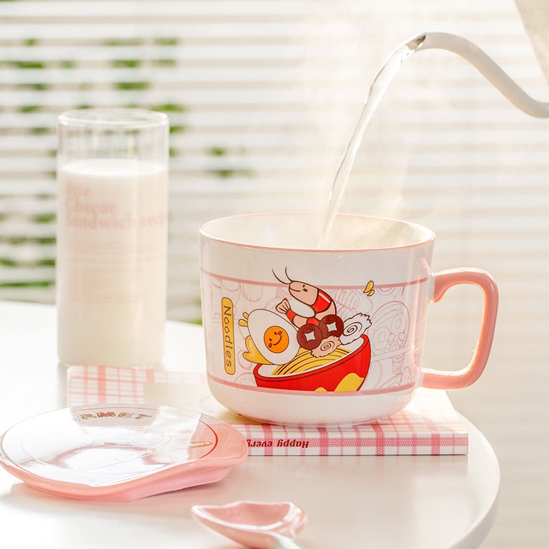 Bát Gốm Ăn Mì / Súp Cỡ Lớn Có Nắp Phong Cách Nhật Bản Cho Học Sinh / Ký Túc Xá / Văn Phòng