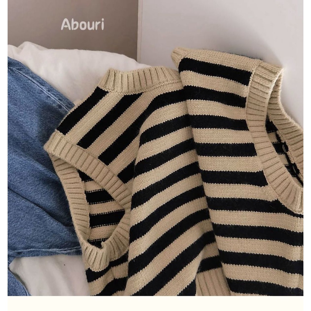 Áo Len Không Tay Cổ Tròn Họa Tiết Kẻ Sọc Phong Cách Hàn Quốc Thời Trang Xuân Thu Cho Bé Trai Và Gái
