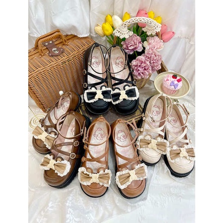Giày Da Mũi Tròn Đế Bằng Cột Dây Kiểu lolita Dễ Thương