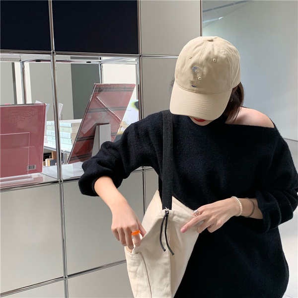 Áo len trễ vai áo len trễ vai tay dài Lazy Wind Off-vai màu xám dài tay áo áo len cho phụ nữ mùa thu lỏng lẻo hiển thị skinny off-vai áo len