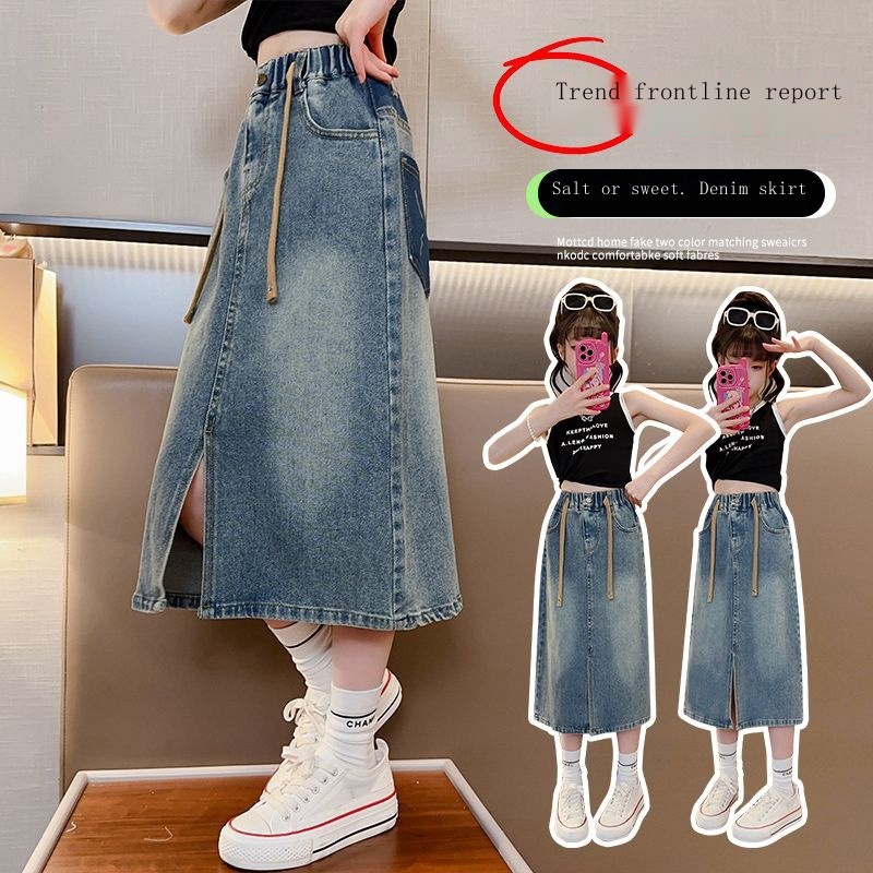 Chân váy jean Dài Qua Gối Thời Trang Xuân Thu 2023 Mới Mẻ Cho Bé Gái