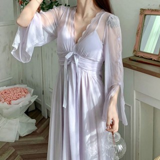 Đầm ngủ tay dài phối ren dễ thương dành cho nữ