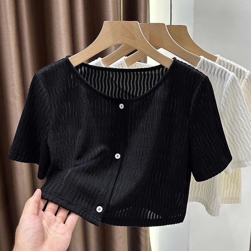 Áo Khoác cardigan Mỏng Tay Ngắn Màu Đen Chống Nắng Phối Ren Thời Trang Mùa Hè Cho Nữ