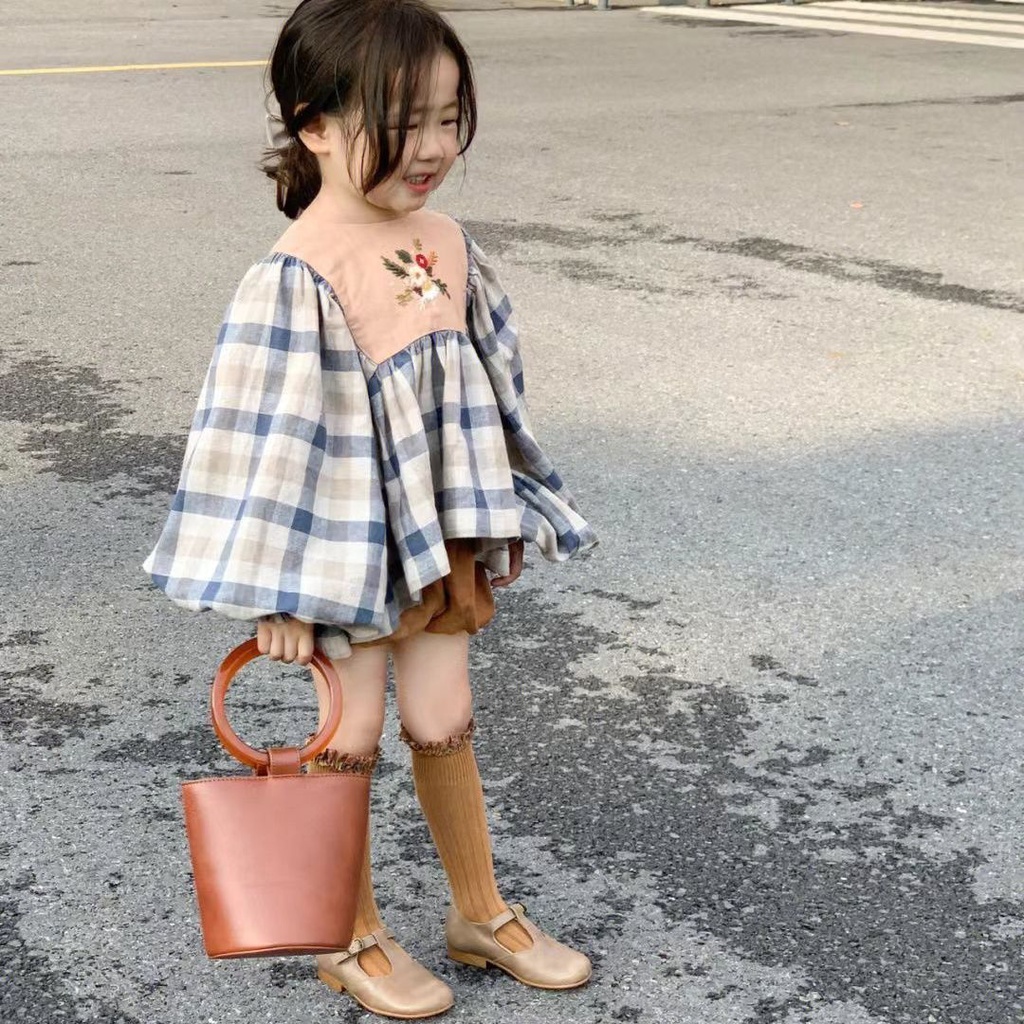 Bộ Áo Tay Dài In Họa Tiết Caro + Quần Hoa Dễ Thương Phong Cách Hàn Quốc Thời Trang Mùa Thu Cho Bé Gái