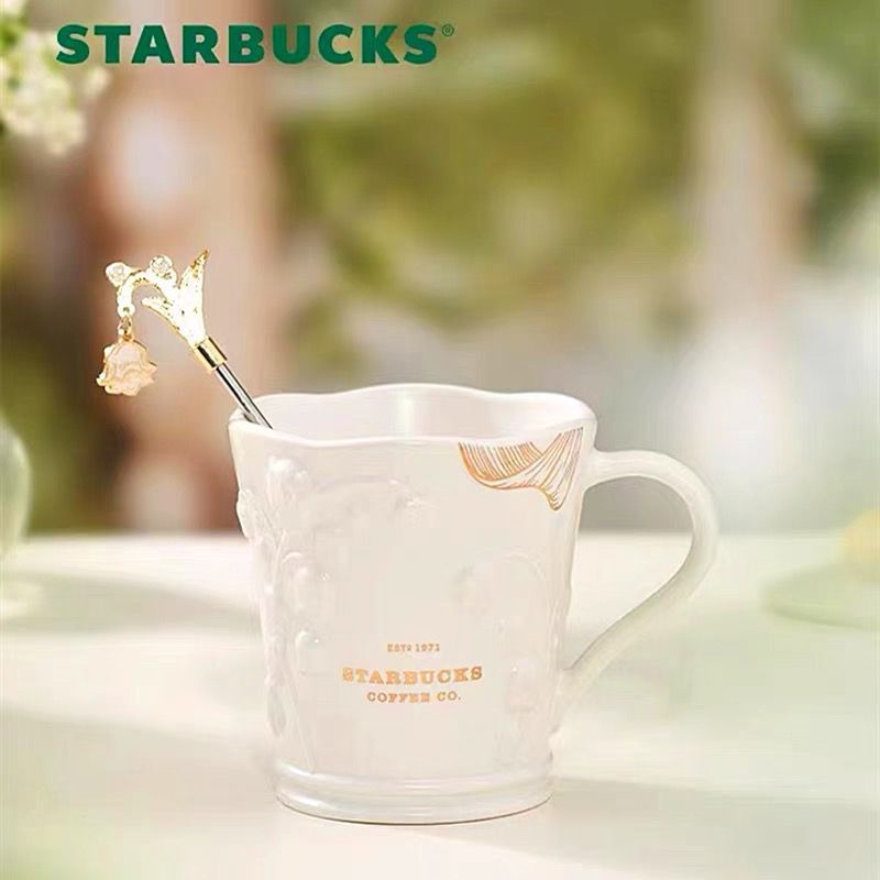 ★Ins Starbucks Cup Starbucks 330ml Cốc Lily of the Valley dập nổi có thanh khuấy Trắng Lily of the V