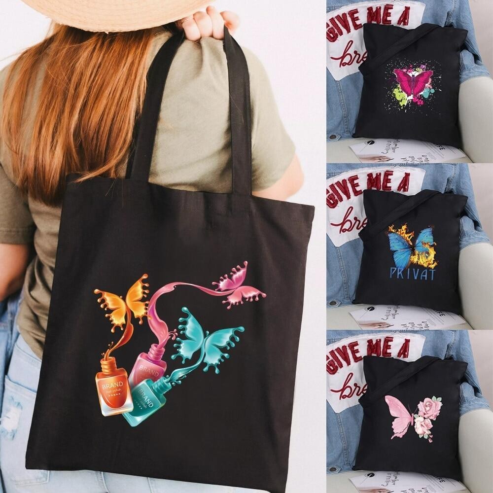 Women Shopping Bag Canvas Storage Handbag Butterfly  Organizer  Bags Casual Large Capacity Traveling