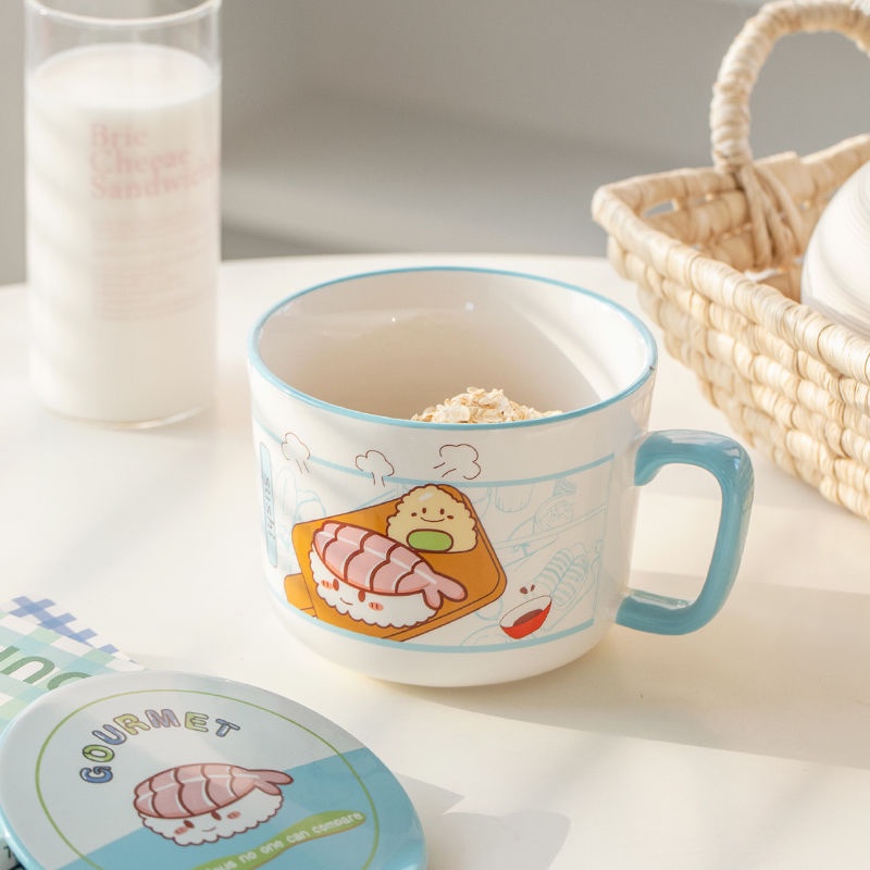 Bát Gốm Ăn Mì / Súp Cỡ Lớn Có Nắp Phong Cách Nhật Bản Cho Học Sinh / Ký Túc Xá / Văn Phòng