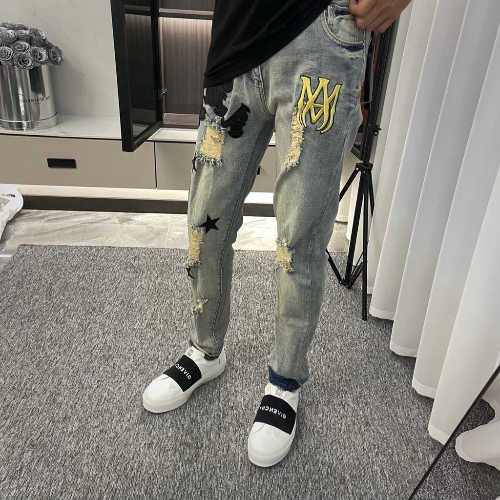 Quần Jean Rách Thêu Nhãn Vàng Dáng Ôm Co Giãn Thời Trang Cho Nam
