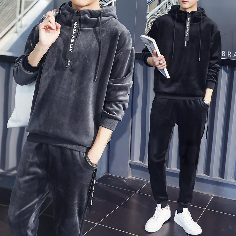 Set Đồ Thể Thao Phối Áo Thun Nhung Hai Mặt Thời Trang Thu Đông 200 pounds Cá Tính Cho Nam