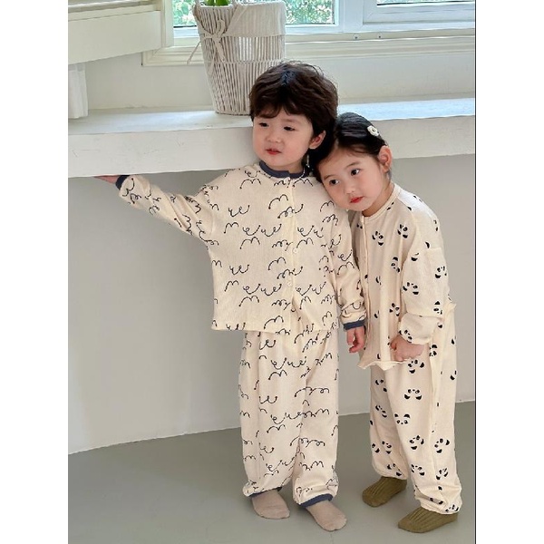 Bộ Đồ Ngủ cotton Tay Dài Thời Trang Xuân Thu Phong Cách Hàn Quốc 2023 Dành Cho Bé Trai Gái