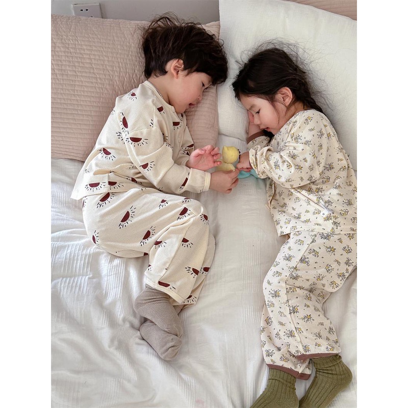 Bộ Đồ Ngủ cotton Tay Dài Thời Trang Xuân Thu Phong Cách Hàn Quốc 2023 Dành Cho Bé Trai Gái