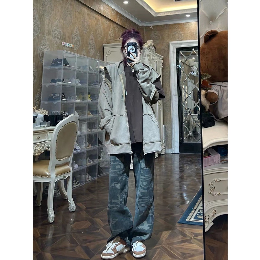 Quần Jean Dài Lưng Cao Ống Rộng Họa Tiết Rằn Ri Phong Cách retro Cá Tính❤❤10.5