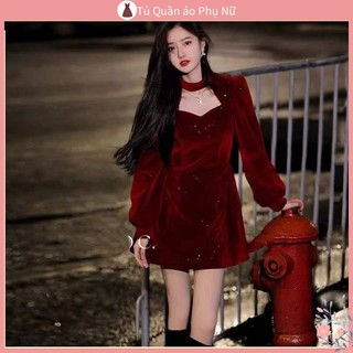 Ch t l ng m nhung d i tay ng n trang đầm giáng sinh màu đỏ ôm eo phong cách pháp mới thanh lịch cho nữ
