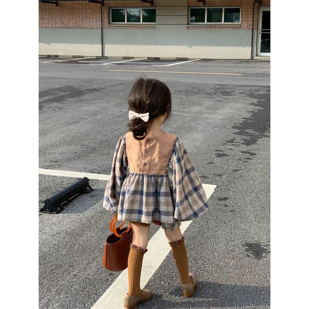 Bộ Áo Tay Dài In Họa Tiết Caro + Quần Hoa Dễ Thương Phong Cách Hàn Quốc Thời Trang Mùa Thu Cho Bé Gái