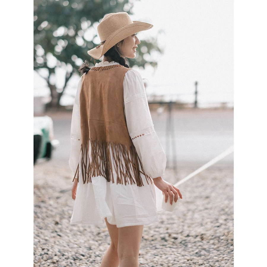 Áo Khoác denim Da Lộn Không Tay Phối Tua Rua Phong Cách bohemian 9.2 Cho Nữ